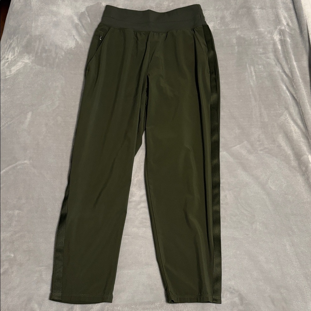 Athleta Olive Nolita Slim Tapered Cropped Athletic Pants with Tuxedo Stripe